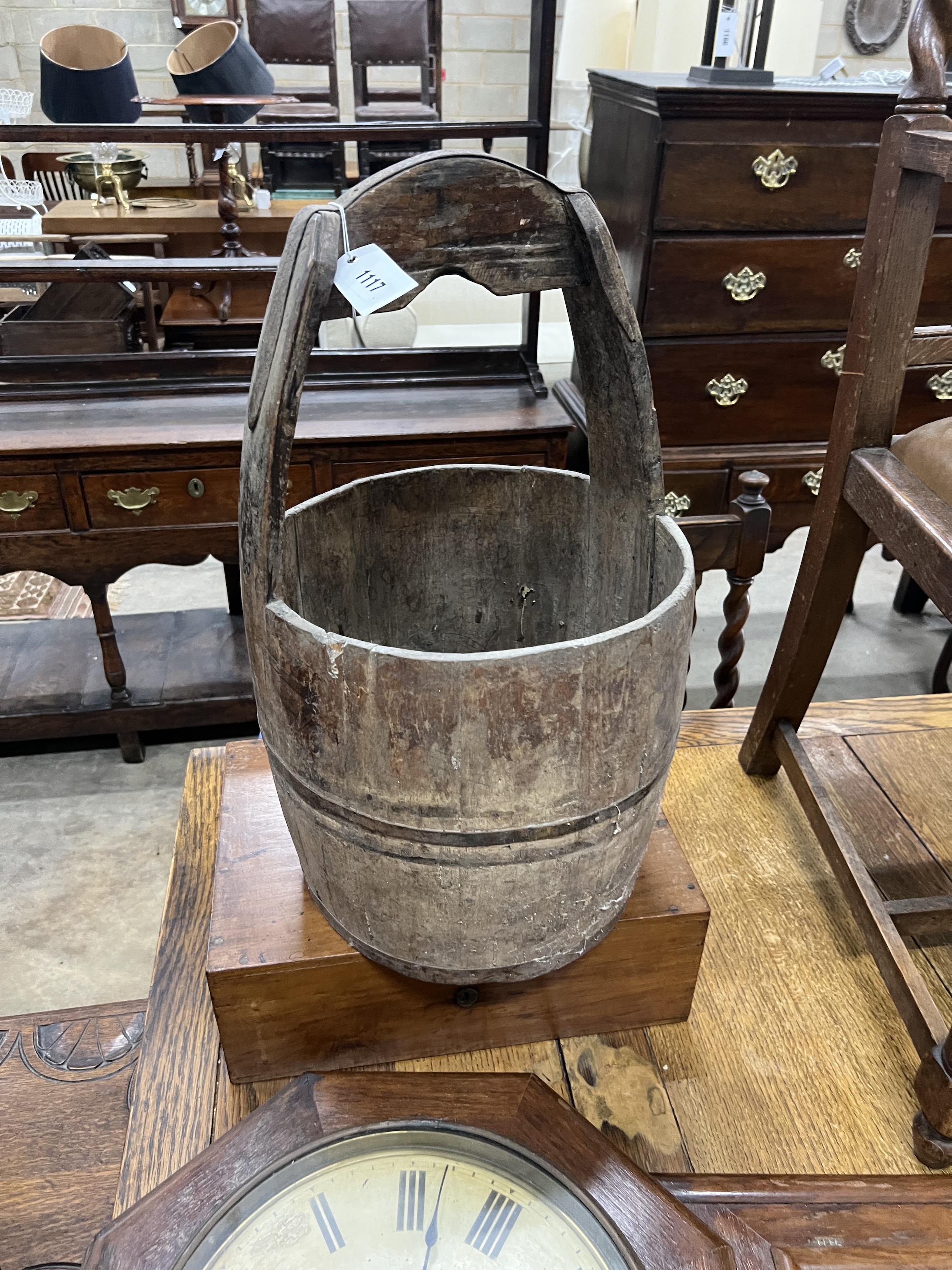 A Chinese staved wood rice bucket, height 56cm, an American drop dial wall clock and a Victorian mahogany stationary box